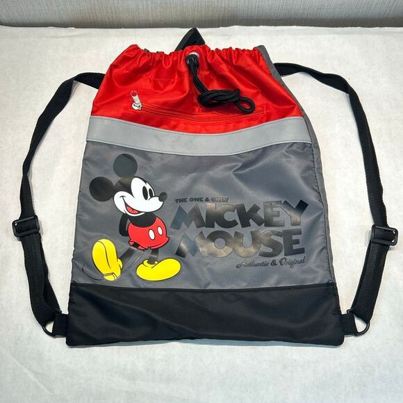 Disney Parks Mickey Mouse Cinch Drawstring Bag Backpack WDW Disneyland Red Black - Picture 1 of 7